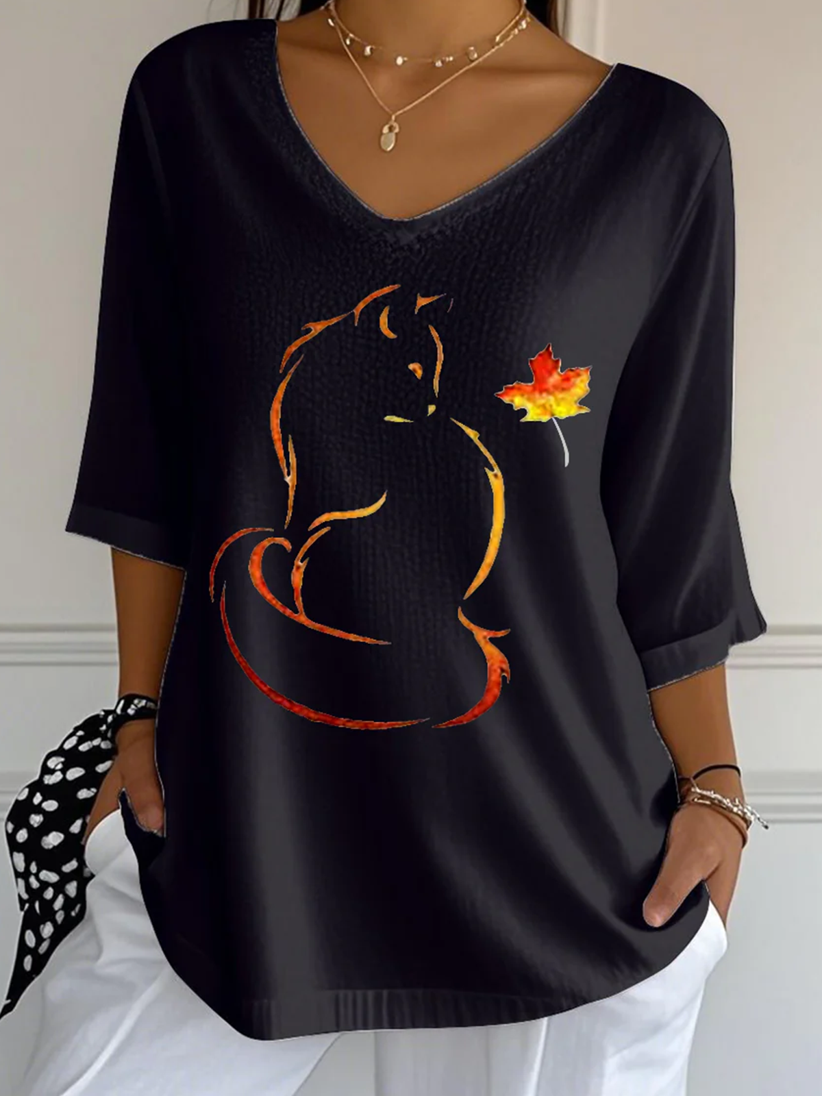 Women Cat Crew Neck Cotton Three Quarter Sleeve Vintage Daily Spring/Fall T-shirt