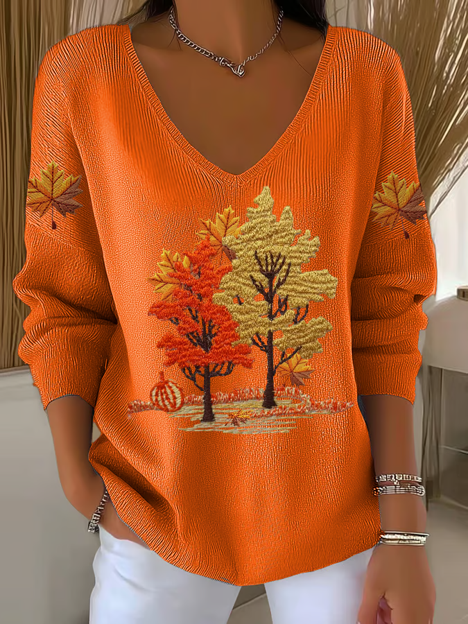 Women Maple Leaf V Neck Long Sleeve Casual Daily Spring/Fall T-shirt