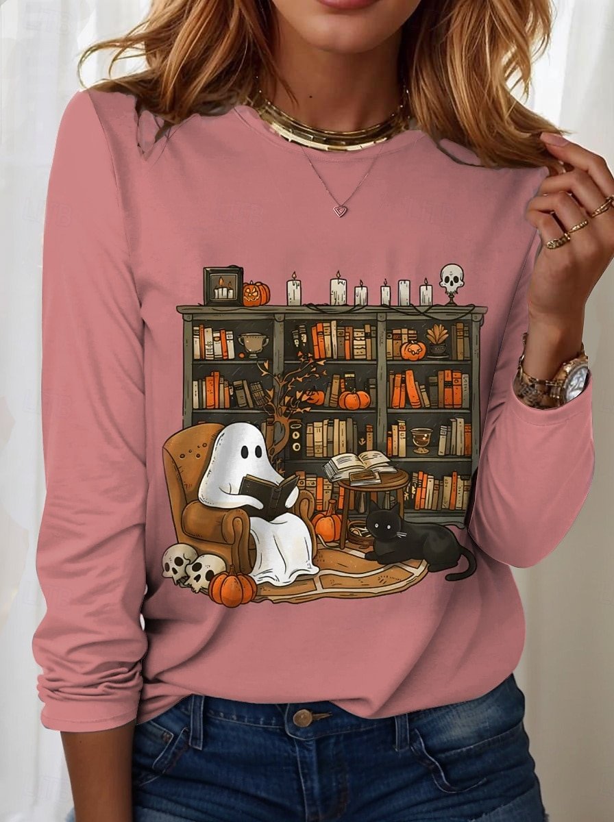 Women Halloween Crew Neck Jersey Long Sleeve Vintage Holiday Spring/Fall T-shirt