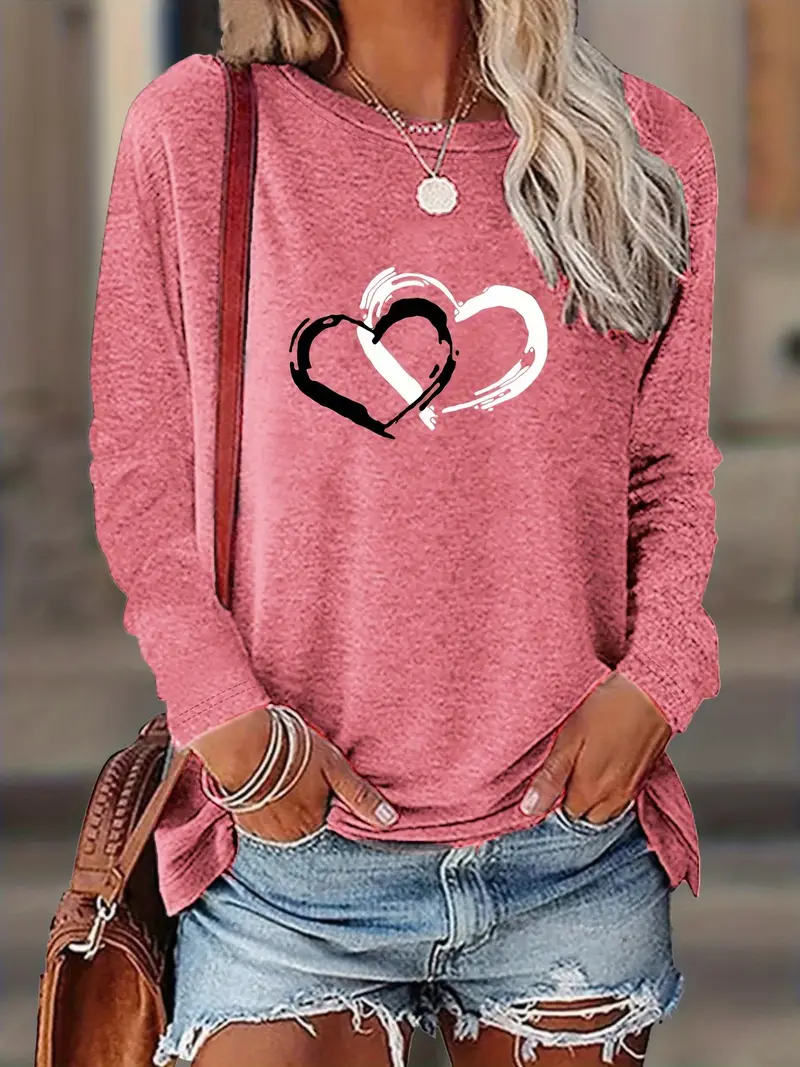 Women's Long Sleeve T-shirt Spring/Fall Pink Heart/Cordate Printing Jersey Crew Neck Daily Going Out Casual Top