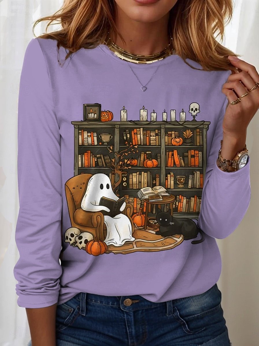 Women Halloween Crew Neck Jersey Long Sleeve Vintage Holiday Spring/Fall T-shirt