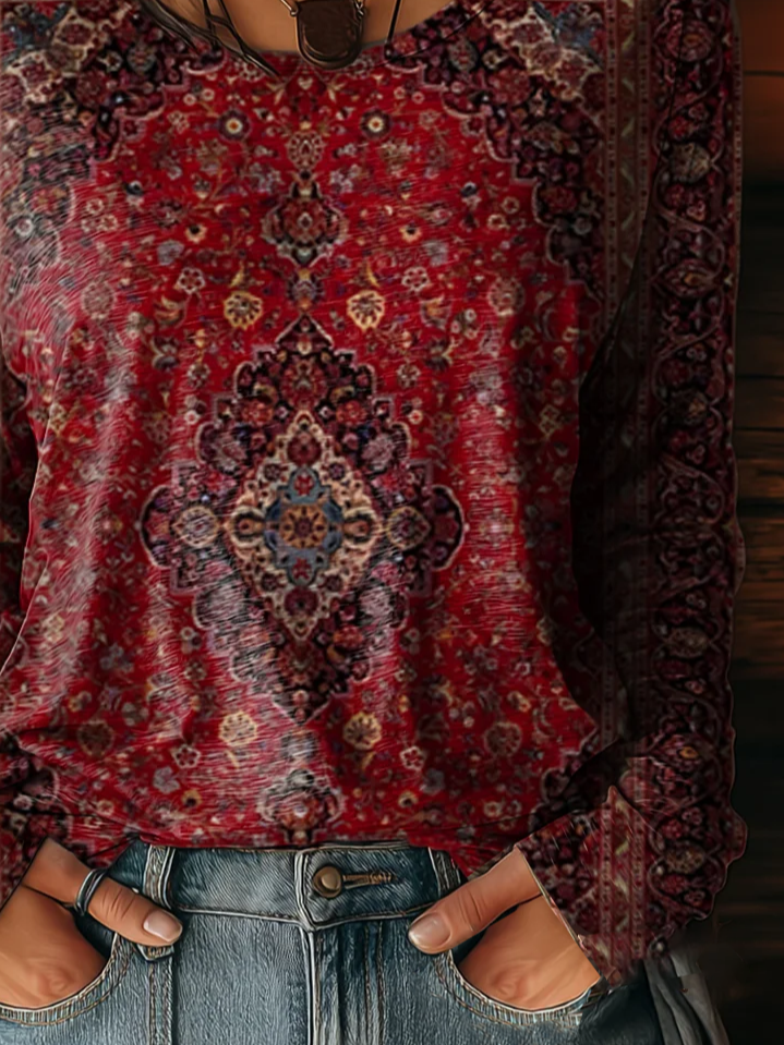 Women Ethnic Crew Neck Jersey Long Sleeve Casual Daily Spring/Fall T-shirt