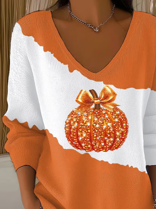 Women Halloween (pumpkin) V Neck Long Sleeve Casual Daily Spring/Fall T-shirt