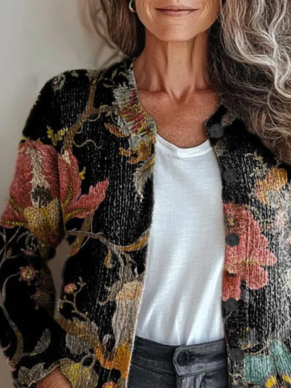 Women Floral Crew Neck Long Sleeve Vintage Daily Spring/Fall Cardigan
