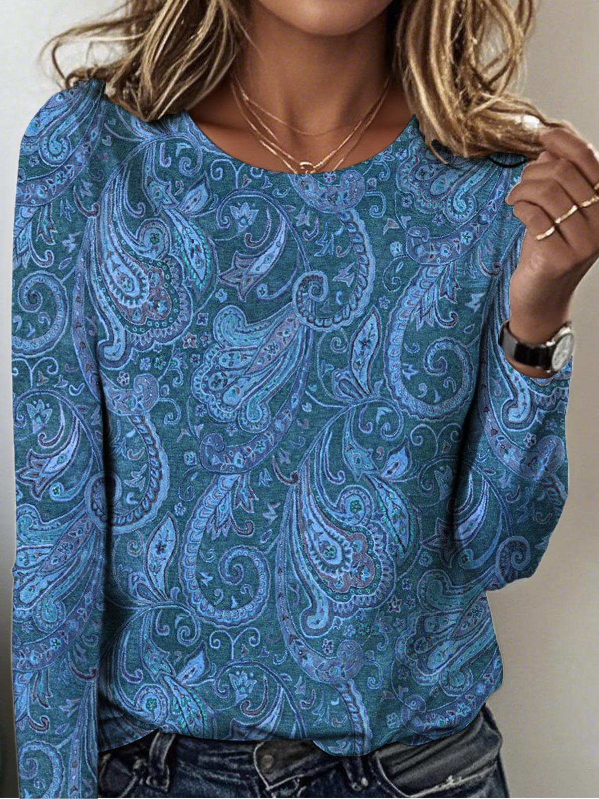 Women Paisley Crew Neck Jersey Long Sleeve Vintage Holiday Spring/Fall T-shirt