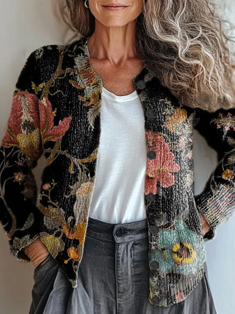 Women Floral Crew Neck Long Sleeve Vintage Daily Spring/Fall Cardigan