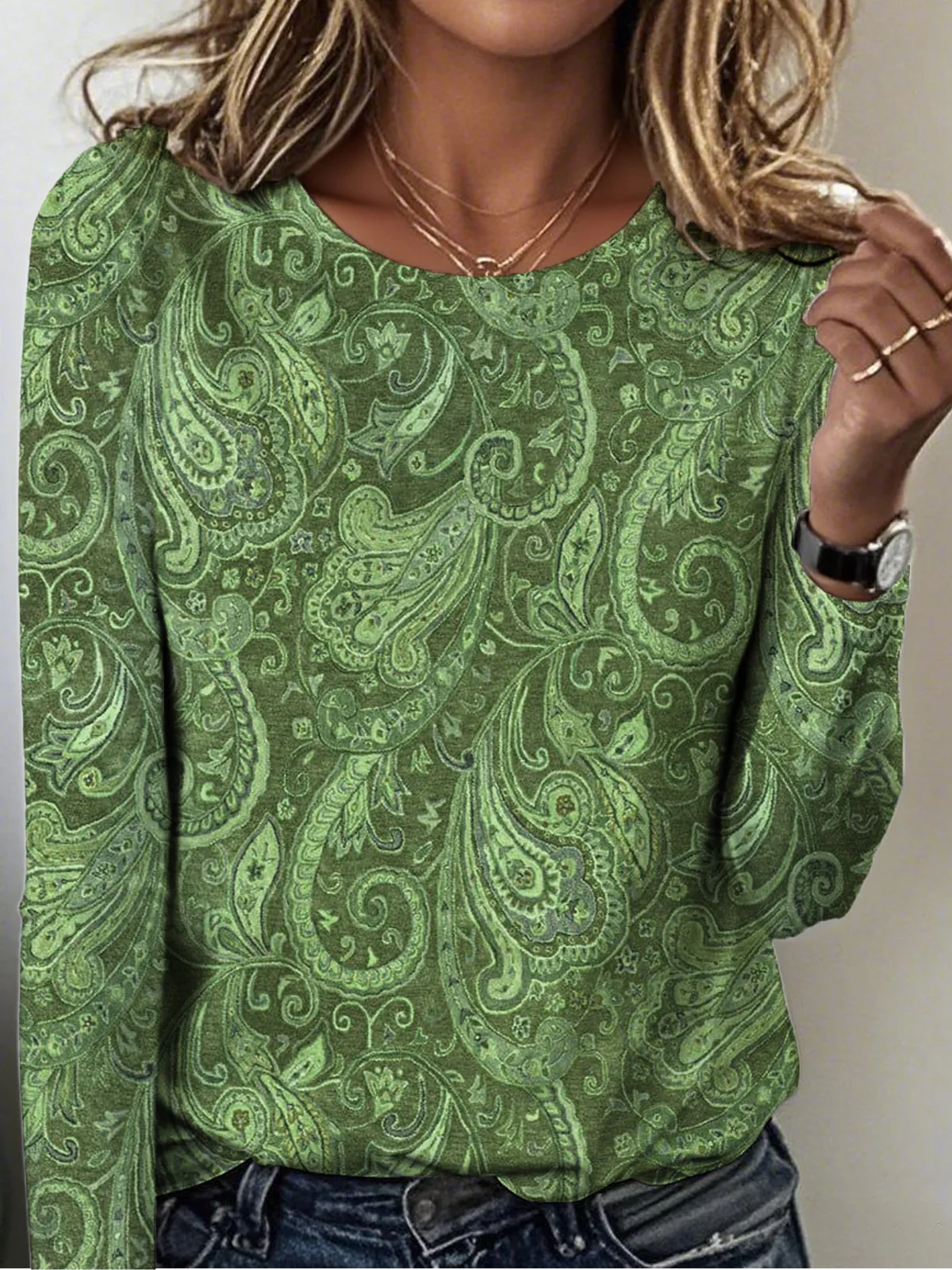 Women Paisley Crew Neck Jersey Long Sleeve Vintage Holiday Spring/Fall T-shirt