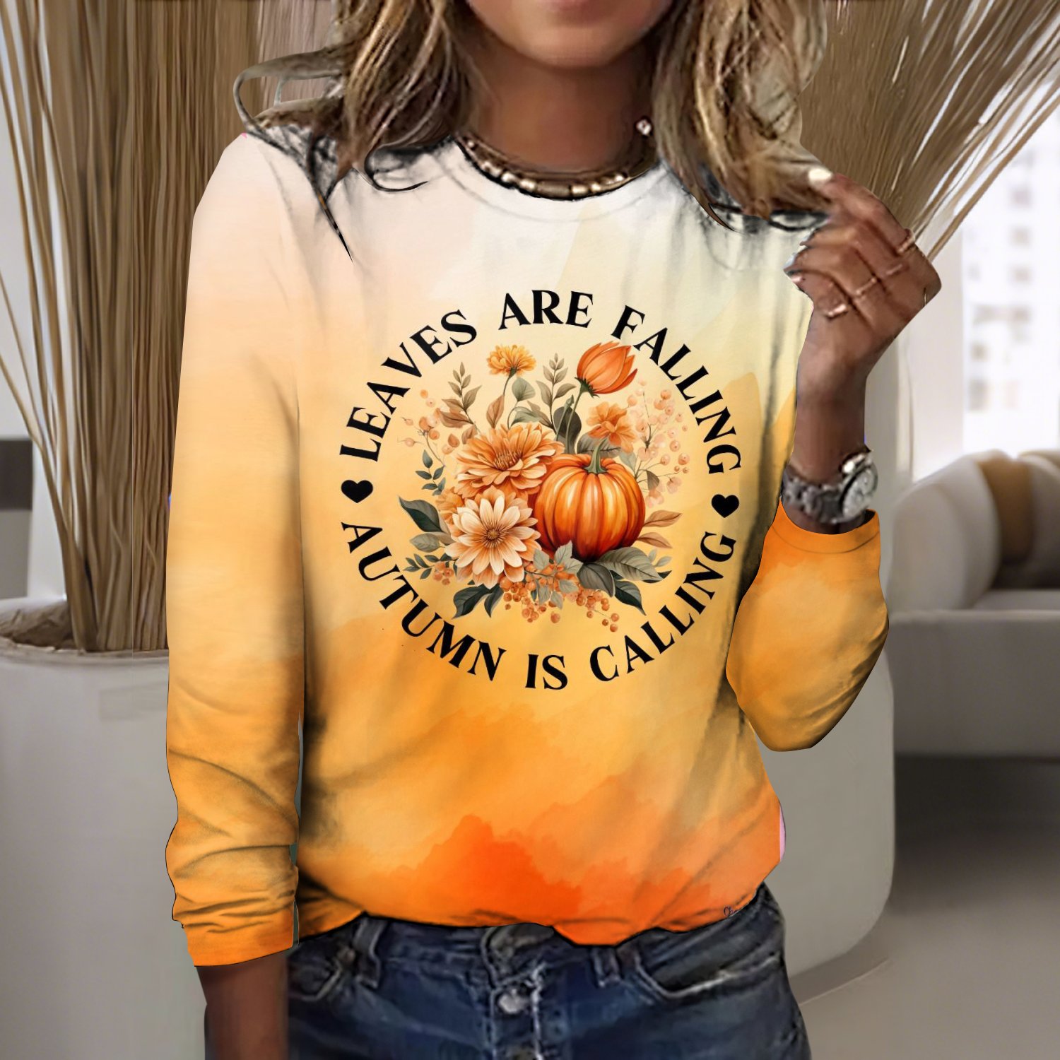 Women Ombre Crew Neck Cotton Long Sleeve Vintage Daily Spring/Fall T-shirt