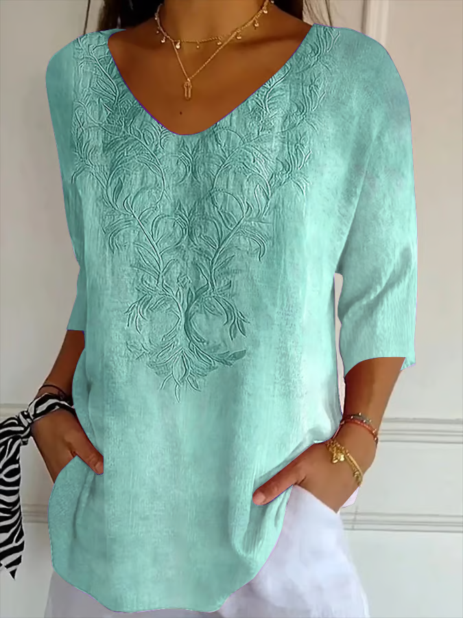 Women Floral V Neck Three Quarter Sleeve Casual Daily Spring/Fall T-shirt