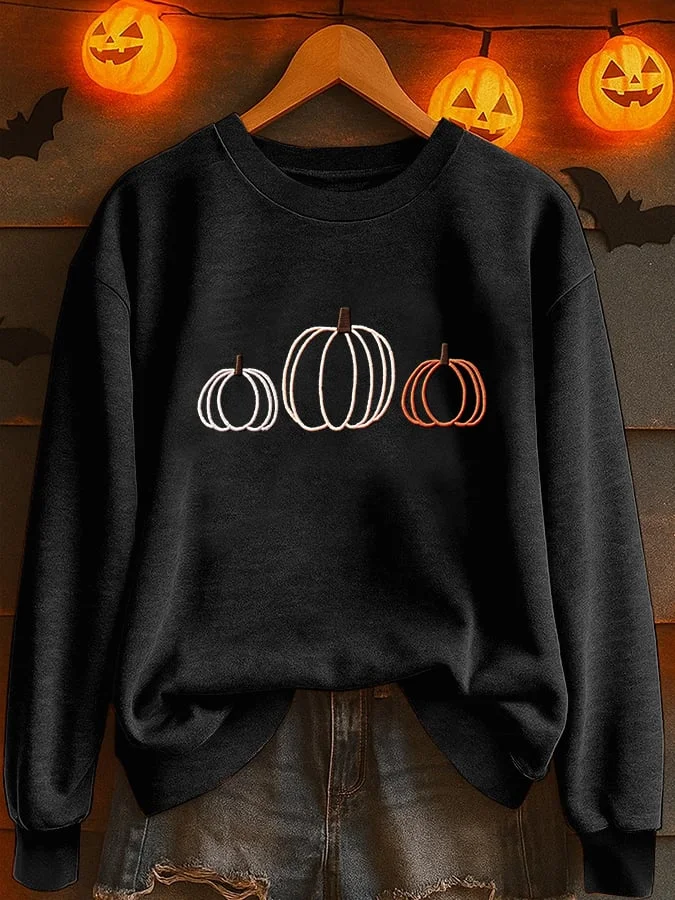 Women's Halloween Pumpkin Print Casual Crew Neck Long Sleeve Sweatshirt