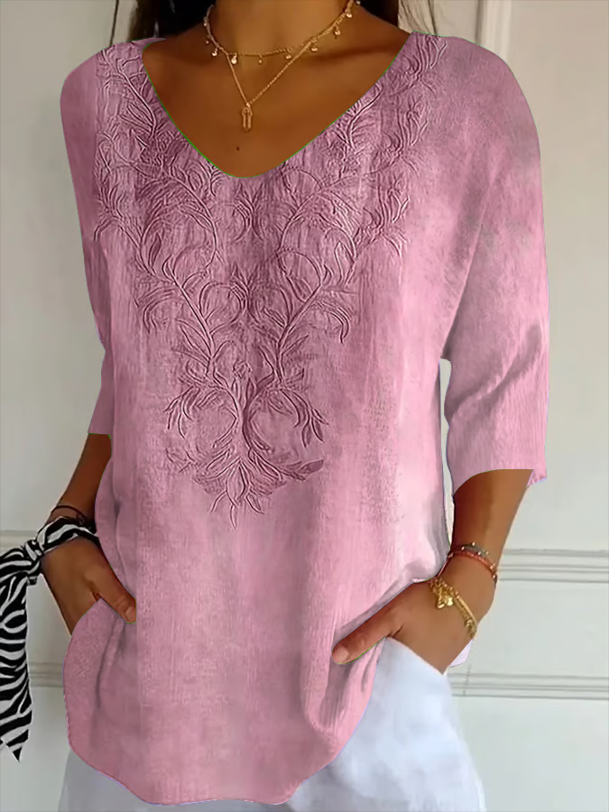 Women Floral V Neck Three Quarter Sleeve Casual Daily Spring/Fall T-shirt