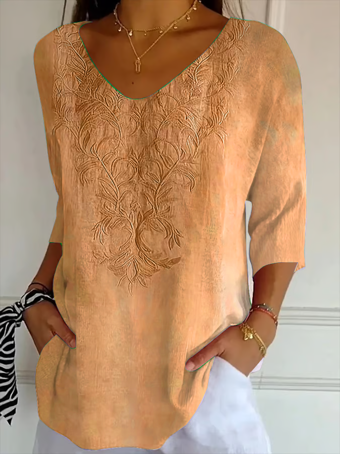 Women Floral V Neck Three Quarter Sleeve Casual Daily Spring/Fall T-shirt