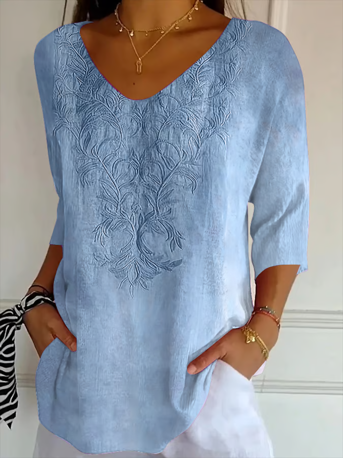 Women Floral V Neck Three Quarter Sleeve Casual Daily Spring/Fall T-shirt