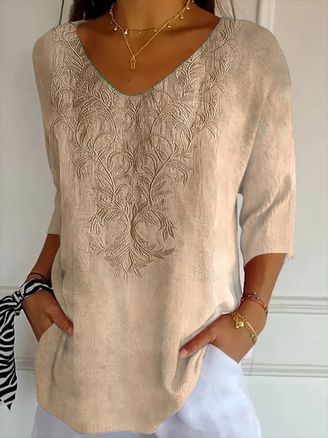 Women Floral V Neck Three Quarter Sleeve Casual Daily Spring/Fall T-shirt