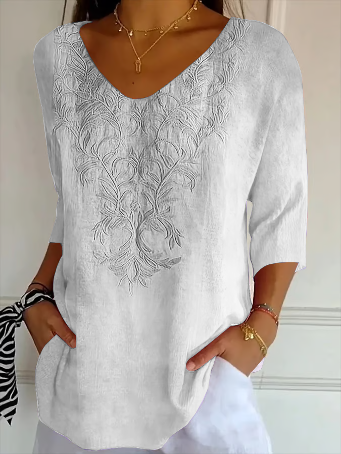 Women Floral V Neck Three Quarter Sleeve Casual Daily Spring/Fall T-shirt