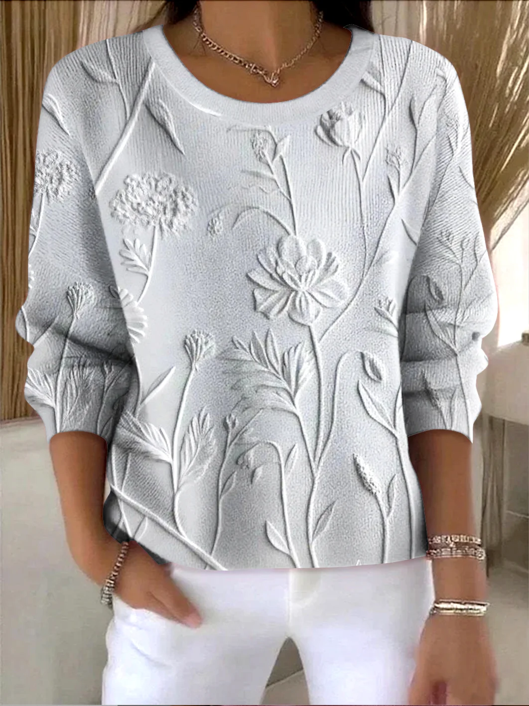 Women Floral Crew Neck Cotton Long Sleeve Vintage Holiday Spring/Fall Sweater