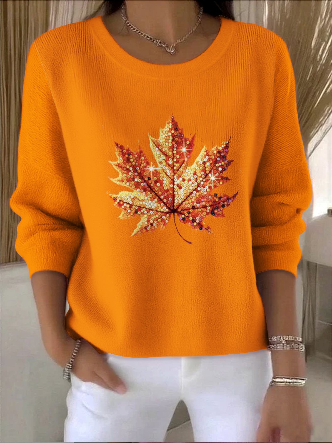 Women Floral Crew Neck Cotton Long Sleeve Vintage Holiday Spring/Fall Sweater
