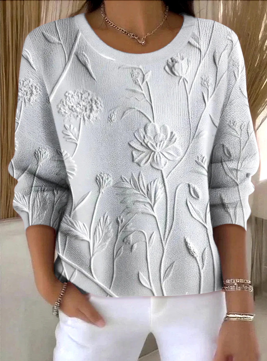 Women Floral Crew Neck Cotton Long Sleeve Vintage Holiday Spring/Fall Sweater