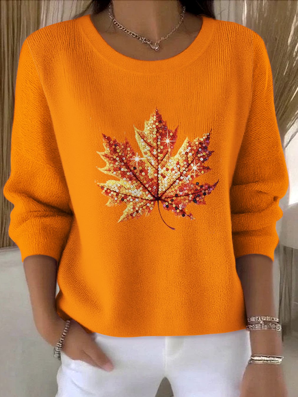 Women Floral Crew Neck Cotton Long Sleeve Vintage Holiday Spring/Fall Sweater