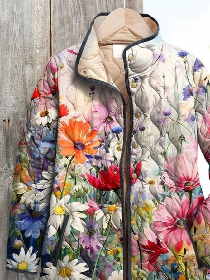 Women Floral Stand Collar Long Sleeve Vintage Printing Winter Daily Padded Jacket Outerwear