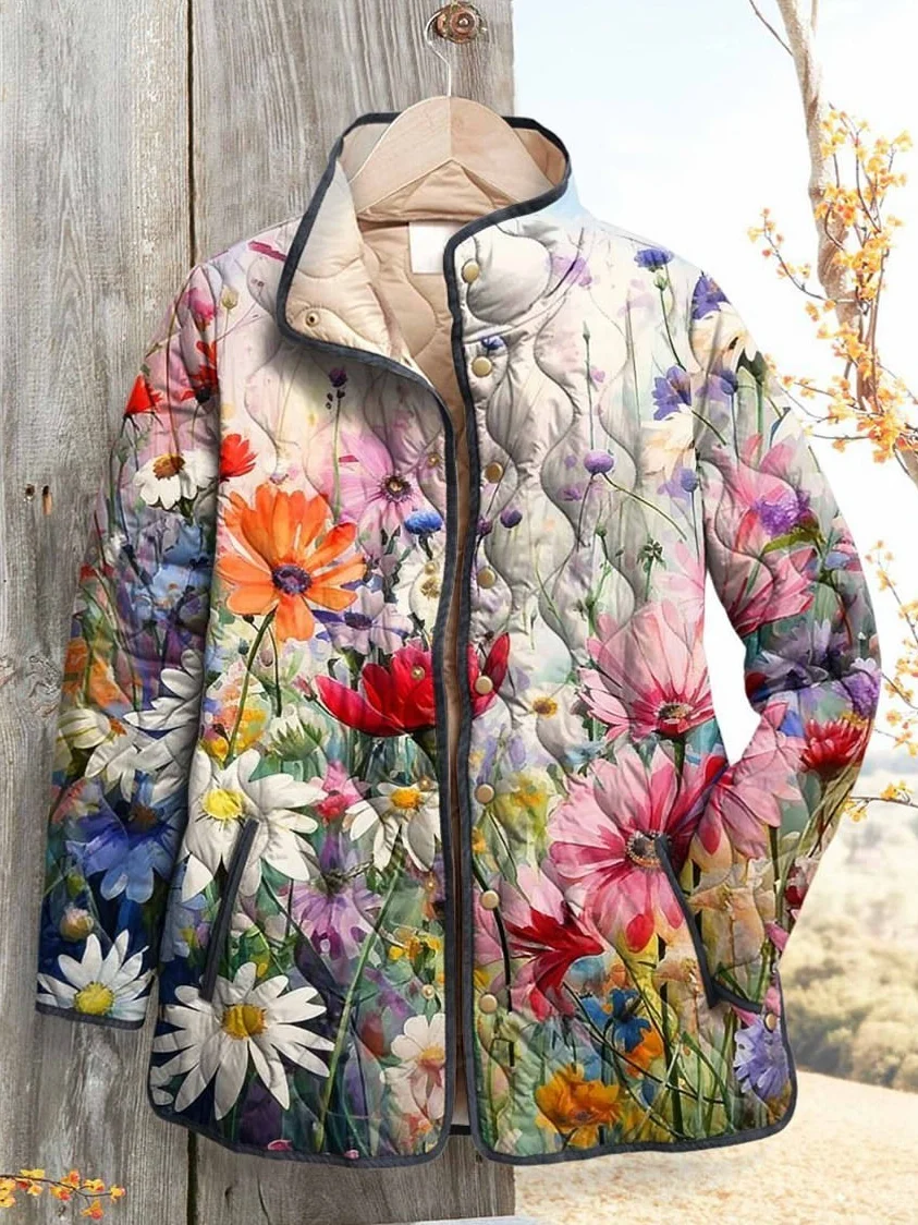 Women Floral Stand Collar Long Sleeve Vintage Printing Winter Daily Padded Jacket Outerwear