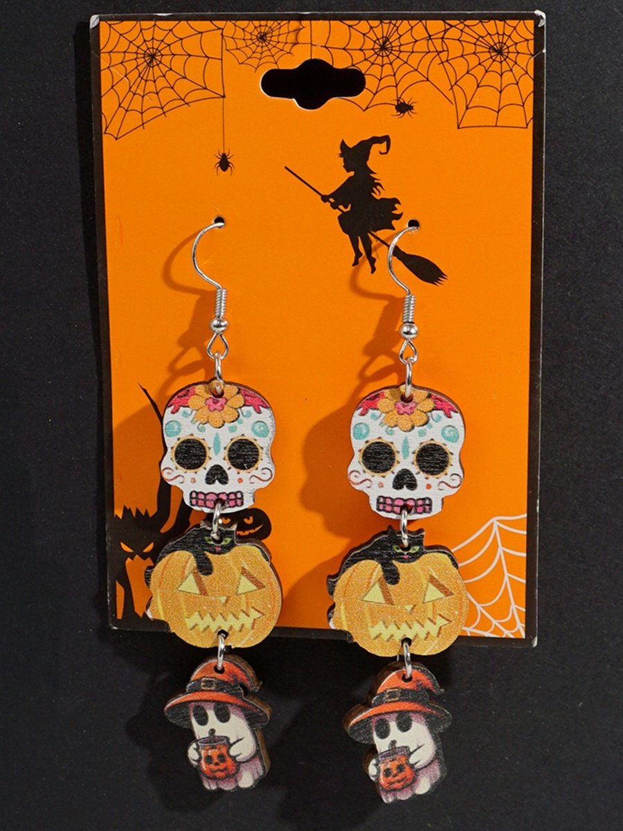 Halloween Themed Wooden Earrings Funny Cartoon Ghost Pumpkin Skull Kitten Long Pendant Party Decoration Earrings
