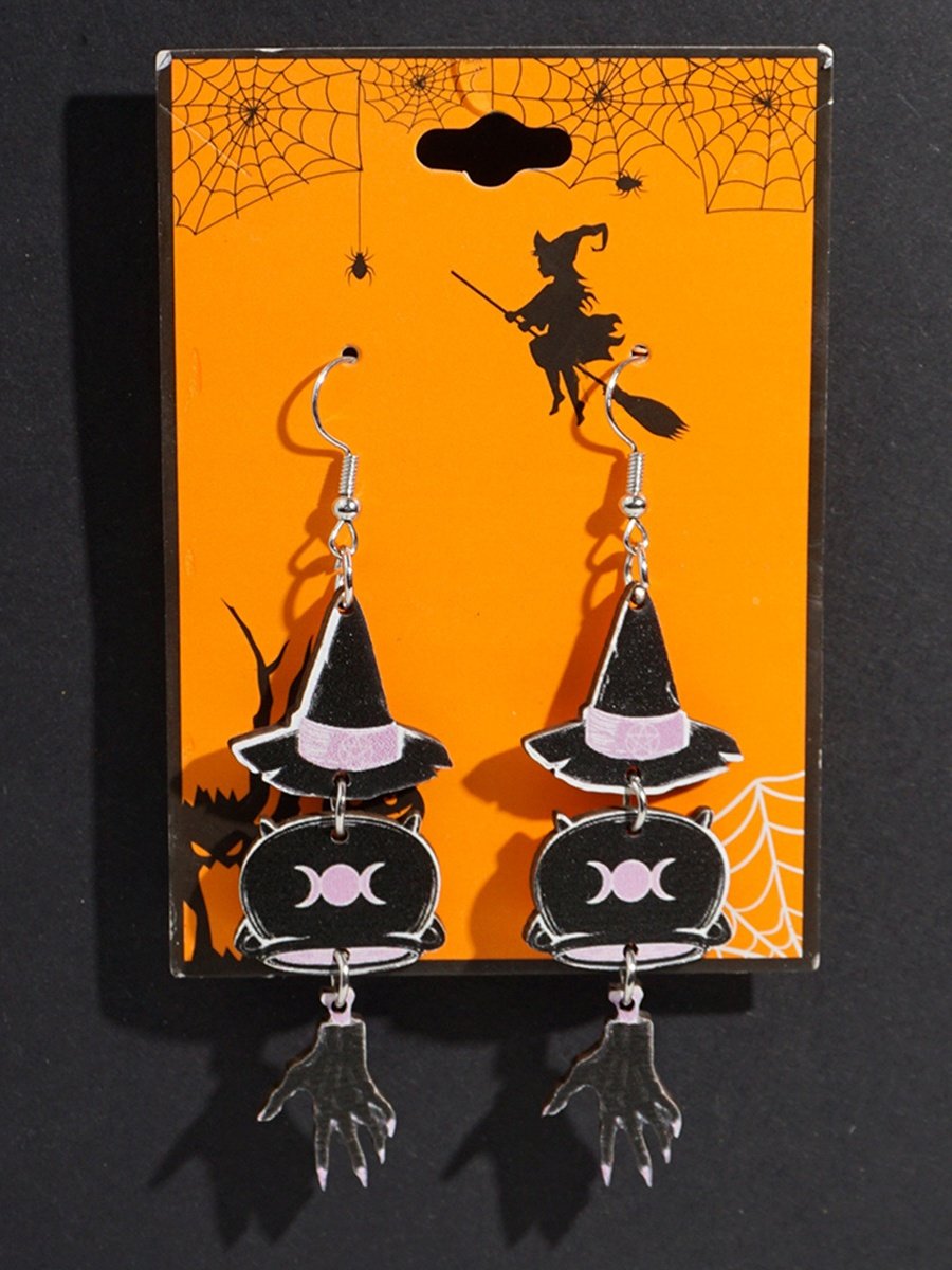 Halloween Themed Wooden Earrings Funny Cartoon Ghost Pumpkin Skull Kitten Long Pendant Party Decoration Earrings