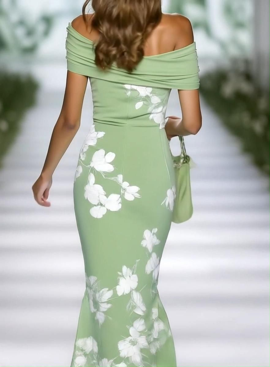 Women's Cap Sleeve Summer Green Floral Printing Cold Shoulder Daily Going Out Vintage Maxi H-Line Dress