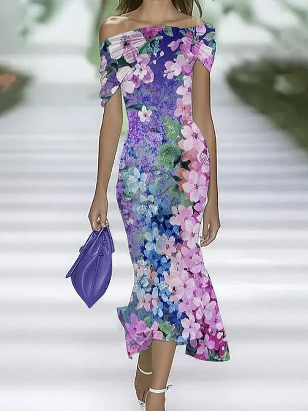 Women Floral Cold Shoulder Printing Vintage Summer Daily Maxi H-Line Dress