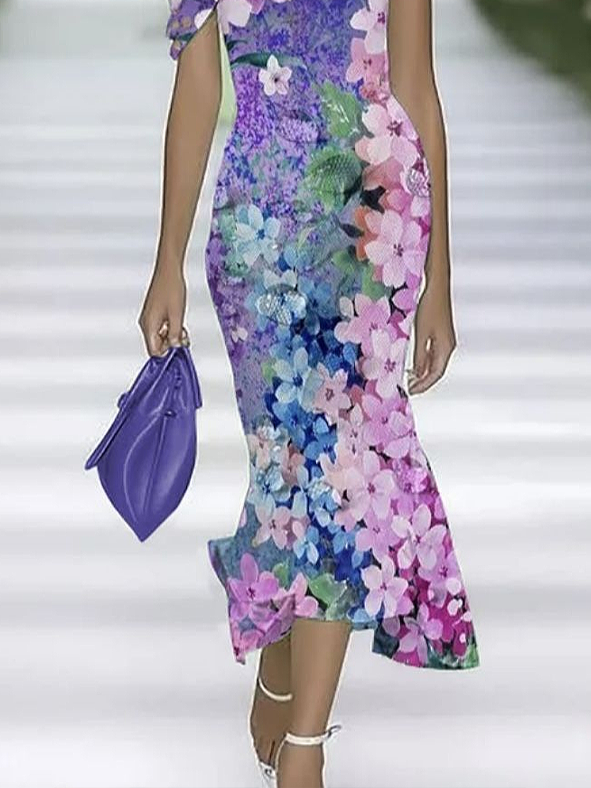 Women Floral Cold Shoulder Printing Vintage Summer Daily Maxi H-Line Dress