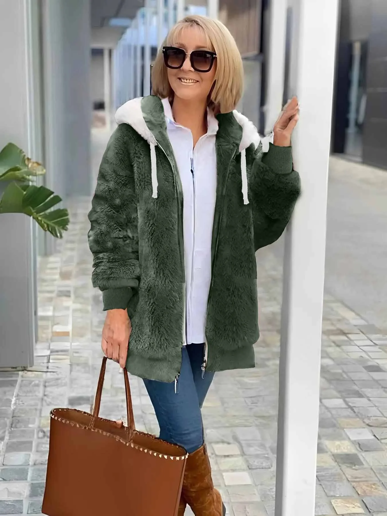 Women Plain Shawl Collar Zip Up Hoodie Long Sleeve Vintage Winter Daily Teddy Jacket Outerwear