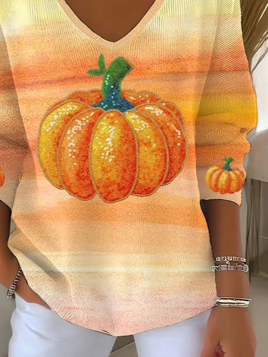 Women Halloween (pumpkin) V Neck Long Sleeve Casual Daily Spring/Fall T-shirt
