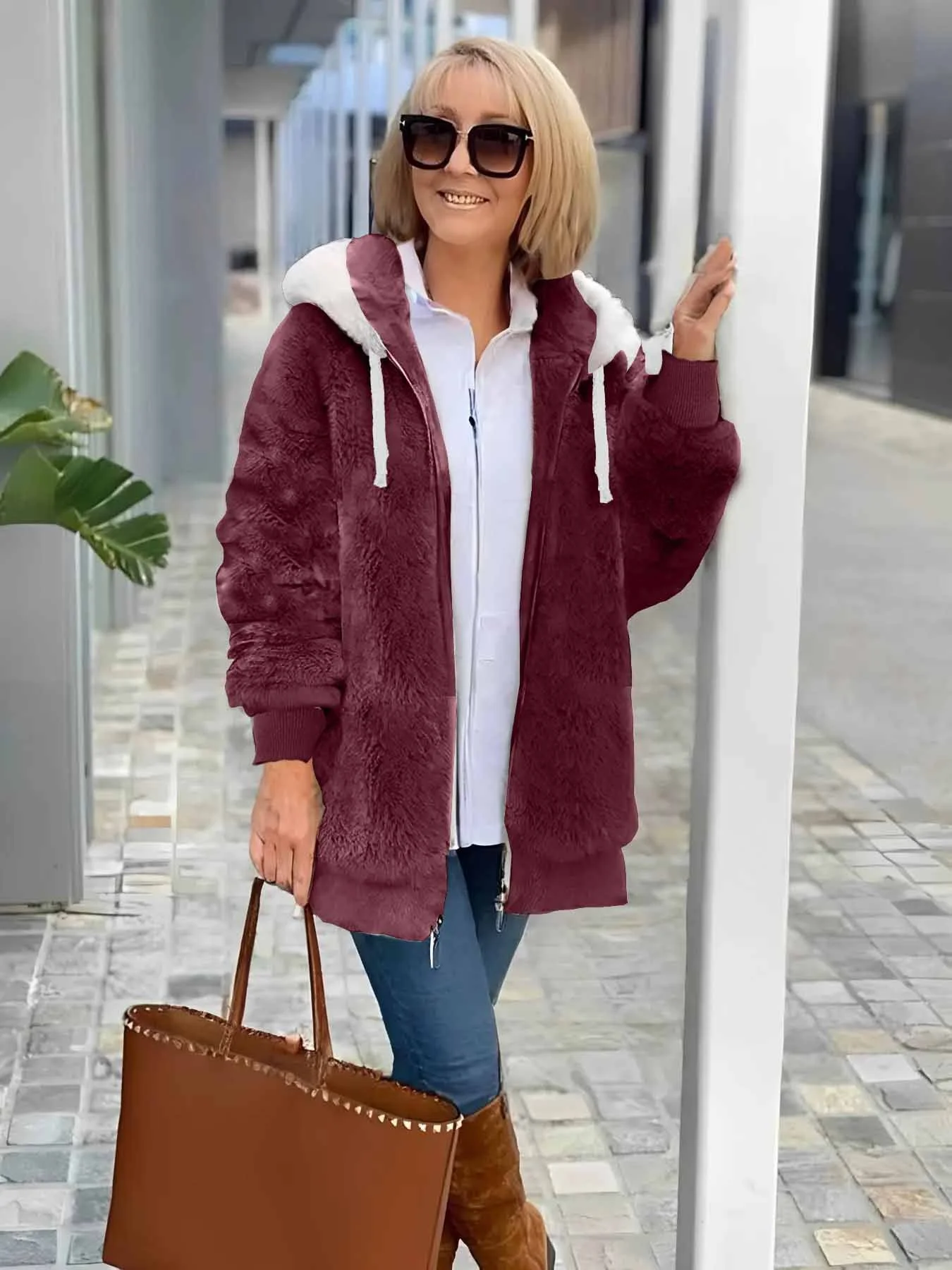 Women Plain Shawl Collar Zip Up Hoodie Long Sleeve Vintage Winter Daily Teddy Jacket Outerwear