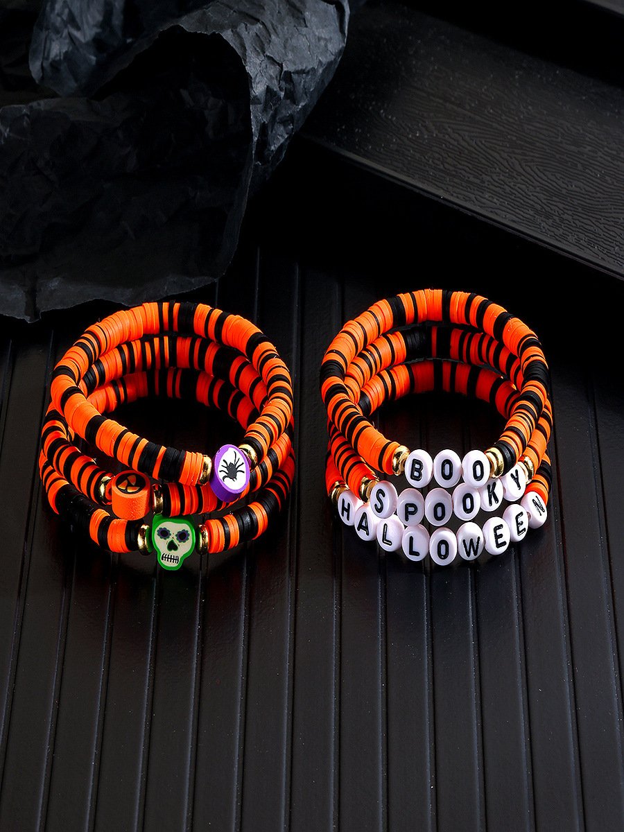 Hot Selling Orange Rice Beads Crystal Metal-plated Polymer Clay Pumpkin Skull Pendant Halloween Beaded Bracelet