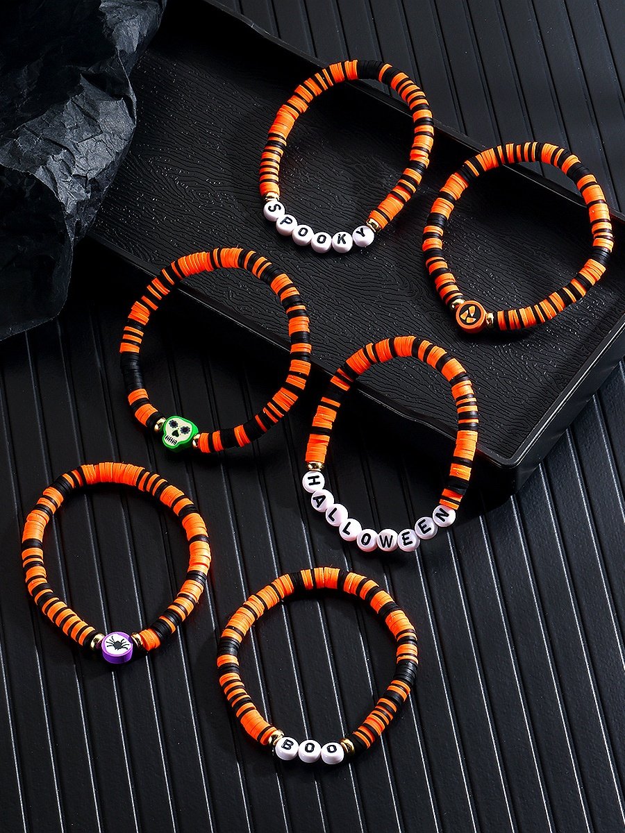 Hot Selling Orange Rice Beads Crystal Metal-plated Polymer Clay Pumpkin Skull Pendant Halloween Beaded Bracelet