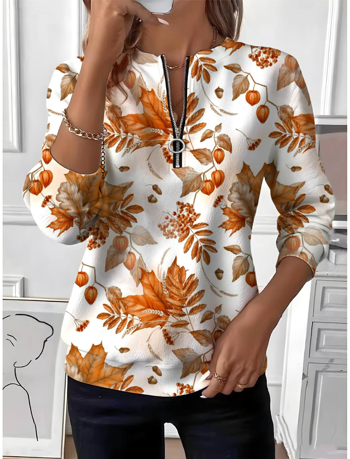 Women Maple Leaf Crew Neck Long Sleeve Vintage Daily Spring/Fall Sweatshirt