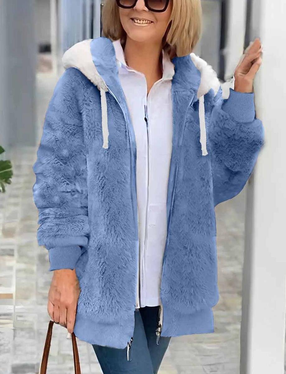 Women Plain Shawl Collar Zip Up Hoodie Long Sleeve Vintage Winter Daily Teddy Jacket Outerwear