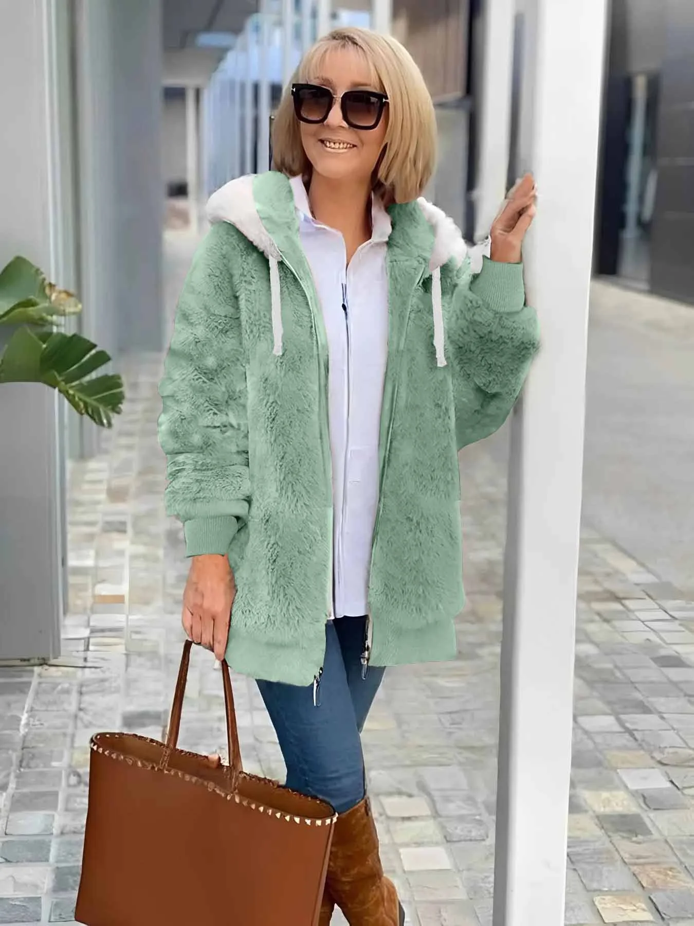 Women Plain Shawl Collar Zip Up Hoodie Long Sleeve Vintage Winter Daily Teddy Jacket Outerwear