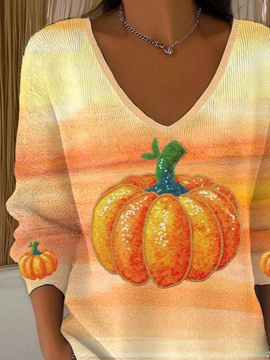 Women Halloween (pumpkin) V Neck Long Sleeve Casual Daily Spring/Fall T-shirt