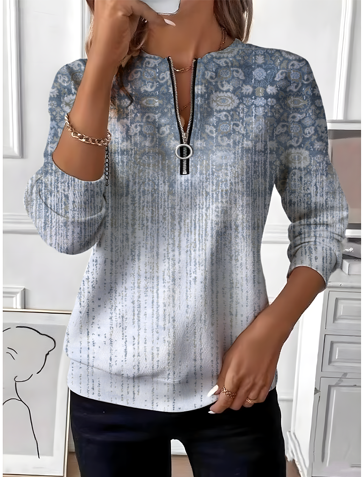 Women Gradient Pattern Crew Neck Long Sleeve Vintage Daily Spring/Fall Sweatshirt