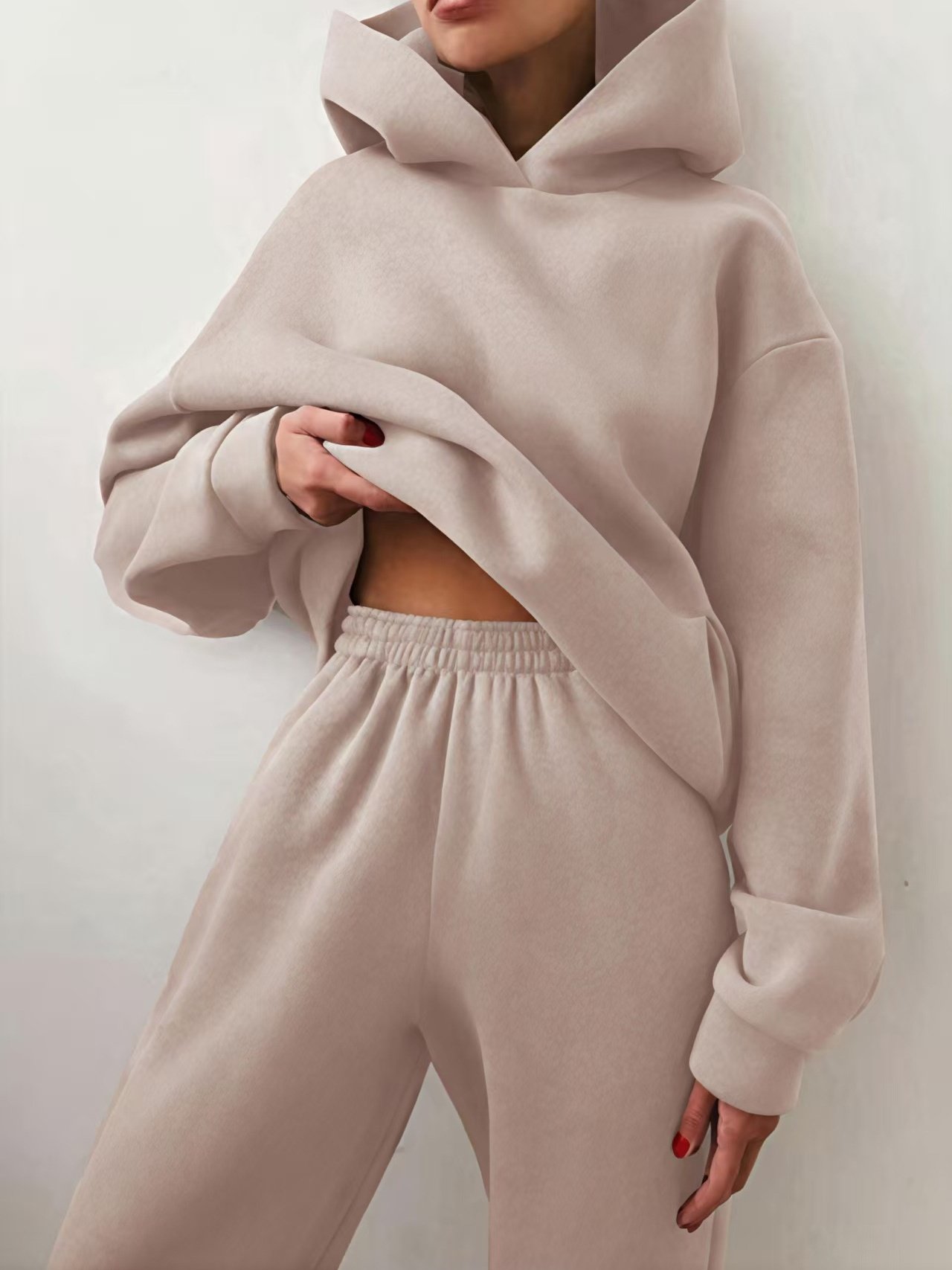 Women Plain Long Sleeve Top With Pants Casual Split Joint Spring/Fall Hoodie Two-Piece Set