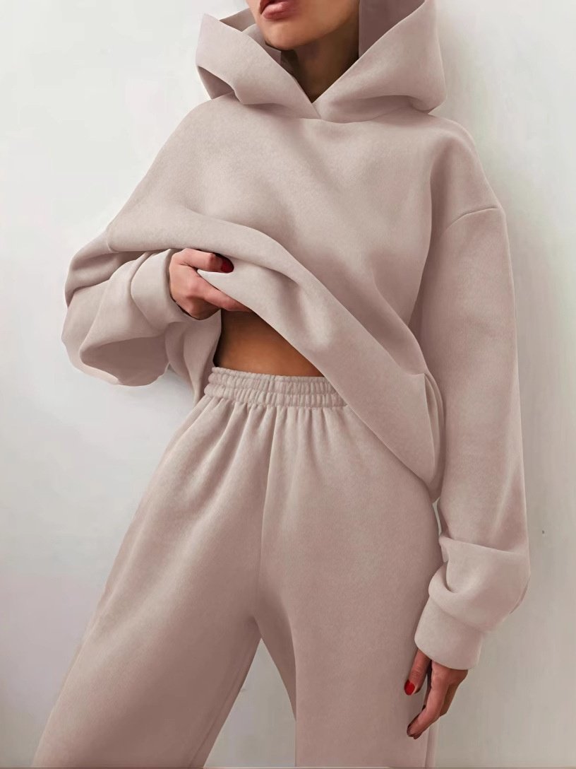 Women Plain Long Sleeve Top With Pants Casual Split Joint Spring/Fall Hoodie Two-Piece Set