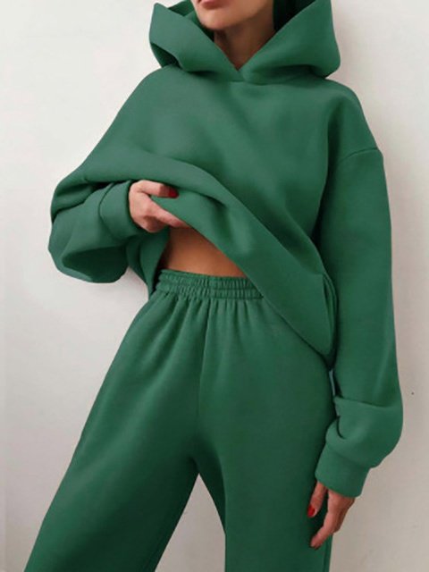 Women Plain Long Sleeve Top With Pants Casual Split Joint Spring/Fall Hoodie Two-Piece Set