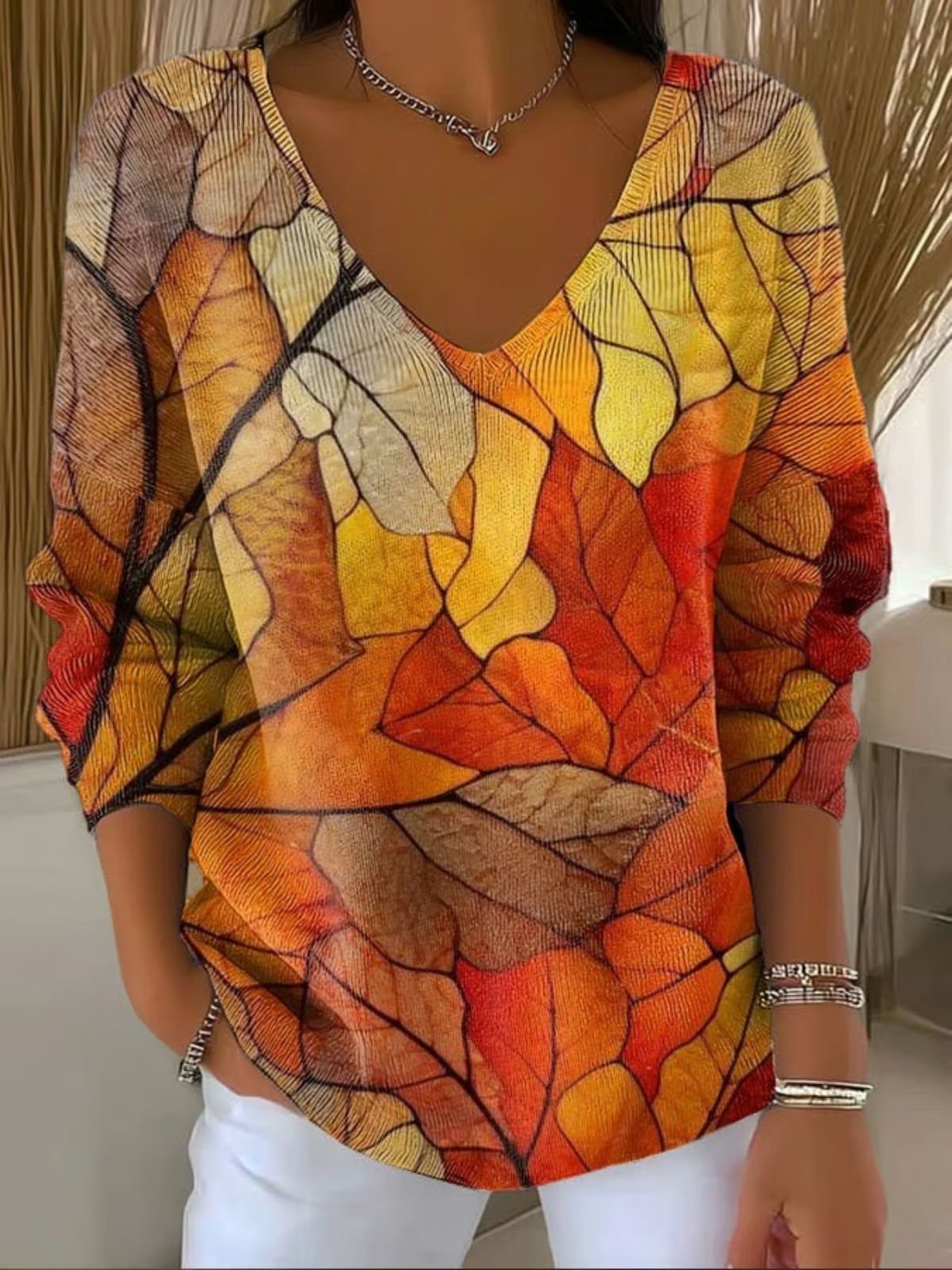 Women Painting V Neck Cotton Long Sleeve Casual Daily Spring/Fall Sweater