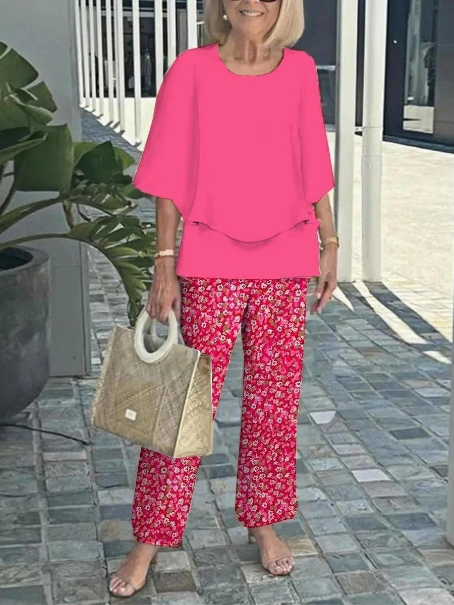 Women Striped Three Quarter Sleeve Top With Pants Vintage Spring/Fall Crew Neck Two-Piece Set