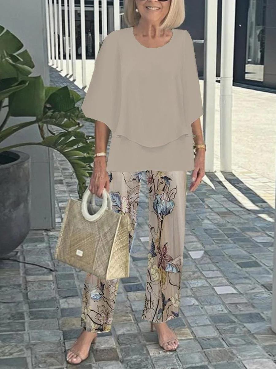 Women Striped Three Quarter Sleeve Top With Pants Vintage Spring/Fall Crew Neck Two-Piece Set