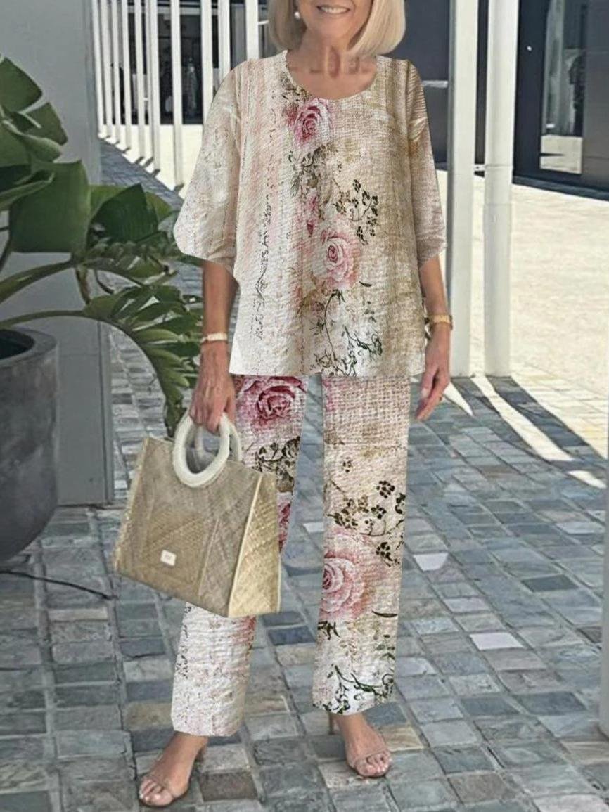 Women Striped Three Quarter Sleeve Top With Pants Vintage Spring/Fall Crew Neck Two-Piece Set