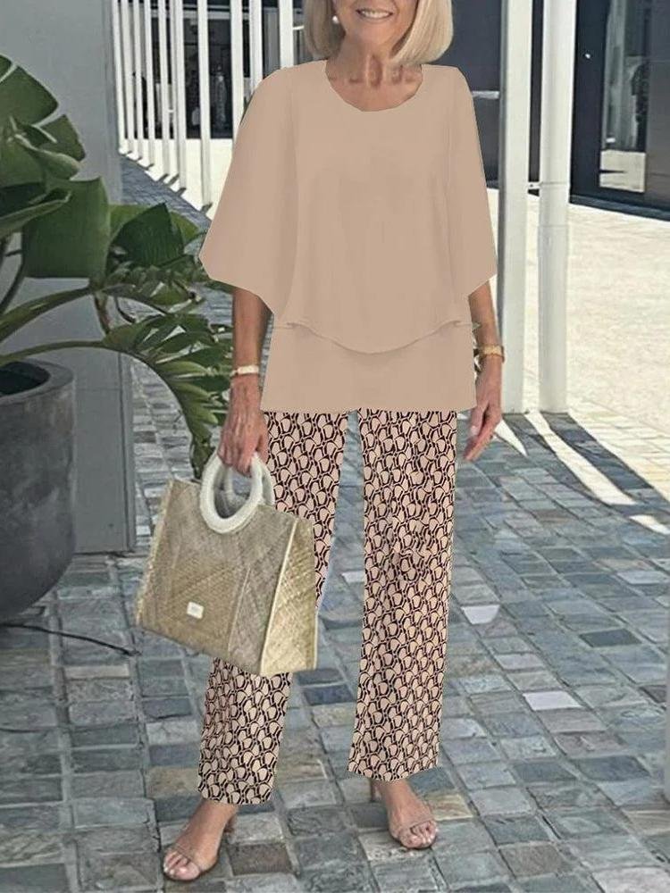 Women Striped Three Quarter Sleeve Top With Pants Vintage Spring/Fall Crew Neck Two-Piece Set