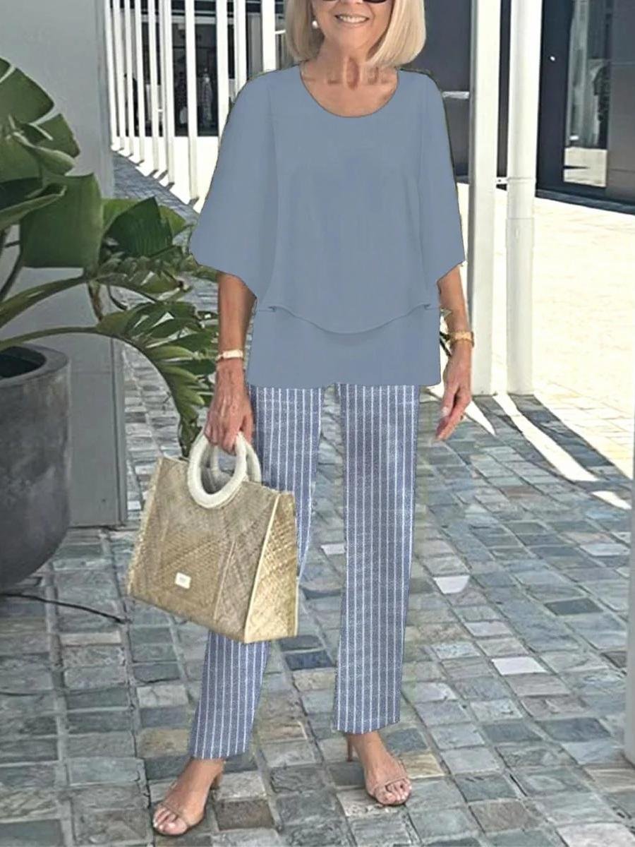 Women Striped Three Quarter Sleeve Top With Pants Vintage Spring/Fall Crew Neck Two-Piece Set