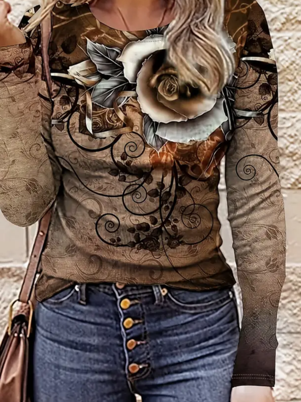 Women Floral Crew Neck Jersey Long Sleeve Casual Daily Spring/Fall T-shirt